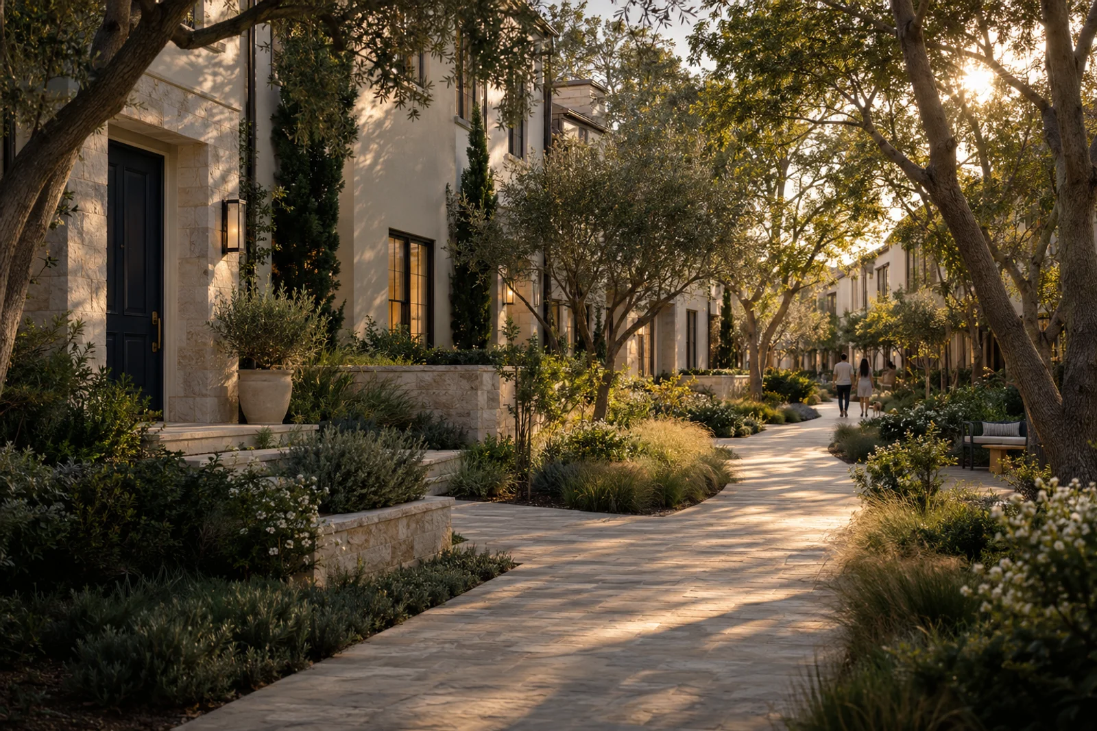 The courtyard pathway outside the rear door connects the surrounding homes