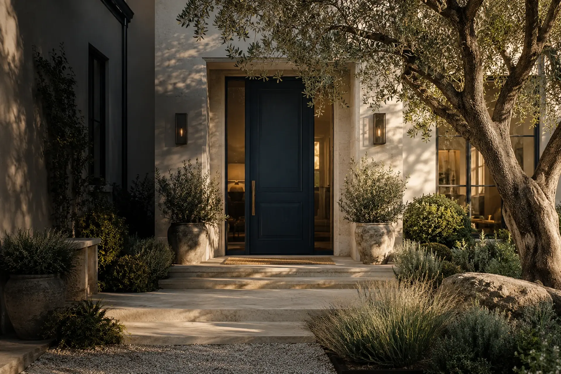 Front entrance of a sunlit home.