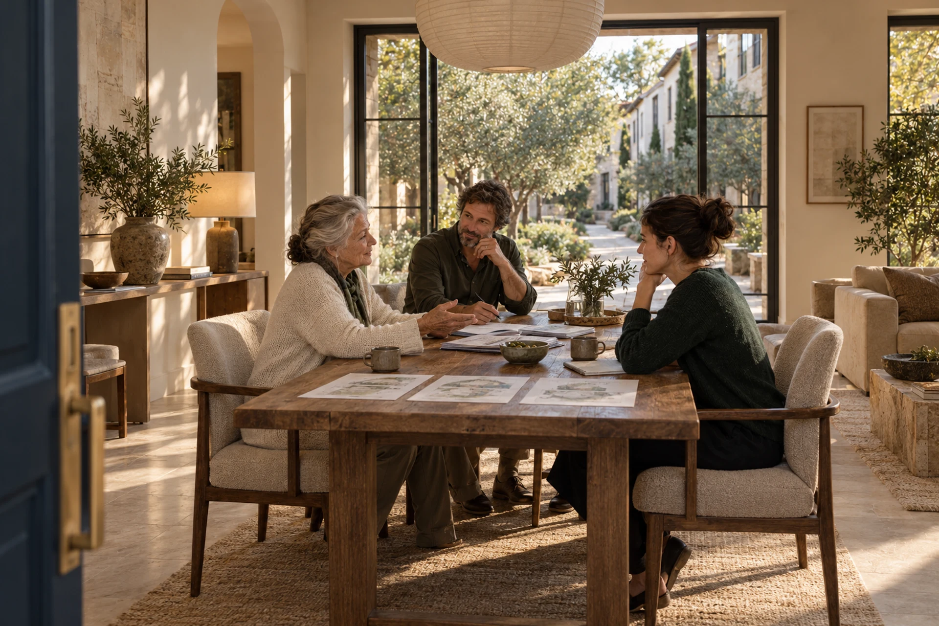 Inside the same home, three neighbors discuss community records around an oak table